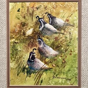 Listed JANE BURNHAM 1926-2016 / CALIFORNIA QUAILS Watercolor / SANTA CRUZ Artist